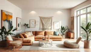 A cozy and inviting living room in 2025, featuring a warm, earthy color palette. The walls are adorned with a mix of abstract expressionist paintings, minimalist line art, and nature-inspired tapestries, creating a harmonious and visually striking display. Soft, indirect lighting casts a gentle glow, accentuating the textures and hues of the carefully curated decor. A modular sofa in a rich, muted tone anchors the space, surrounded by natural wood and rattan furniture pieces. Potted plants and subtle geometric patterns add depth and visual interest, while large windows allow natural light to flood the room, blending the indoor and outdoor environments seamlessly.