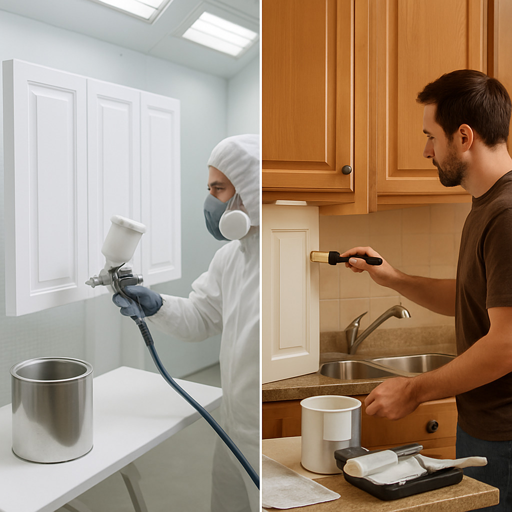 Comparison of professionally sprayed cabinet finish next to DIY brushed cabinet finish