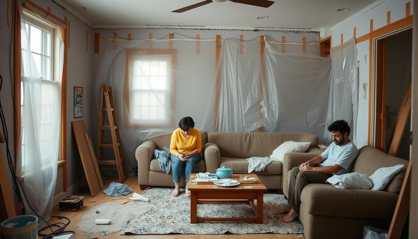 Family living in a partially renovated home with plastic sheeting dividing spaces during preparing for major home renovations