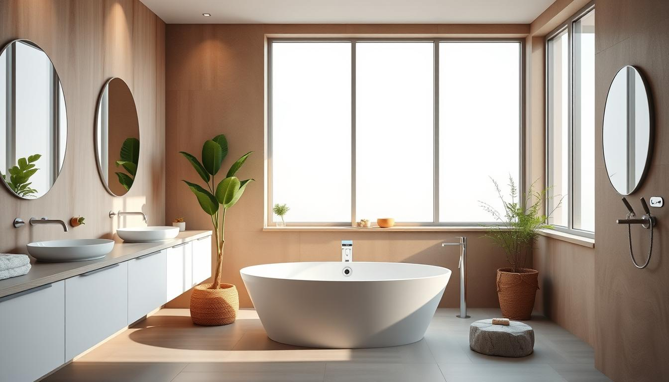 Modern bathroom with spa-like features showcasing 2025 design trends