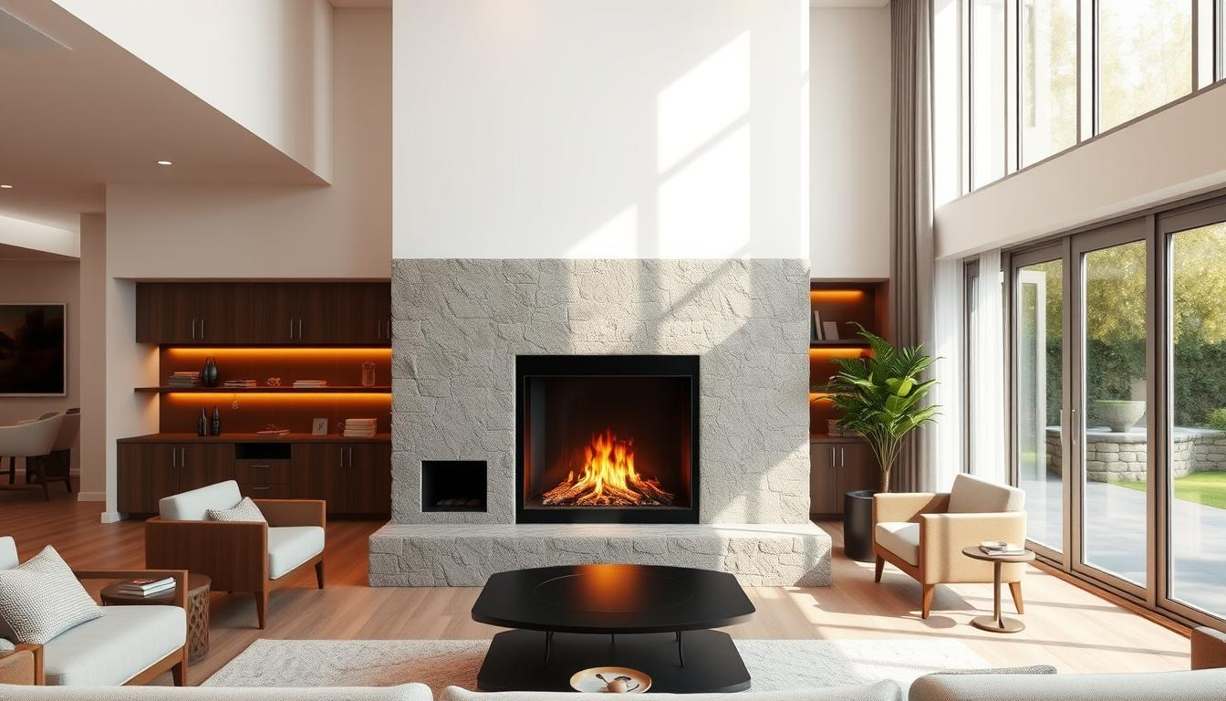 Modern living room with a stylish fireplace showcasing 2025 fireplace trends