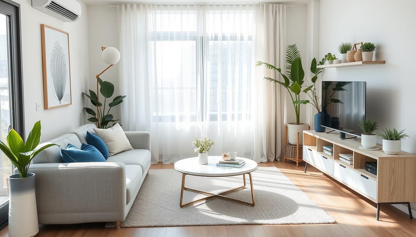 Modern small apartment living room with affordable furniture and smart storage solutions showcasing affordable modern interior design