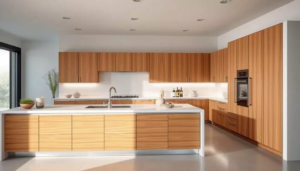 A modern, well-lit kitchen with sleek, gleaming AmpQuartz cabinets.
