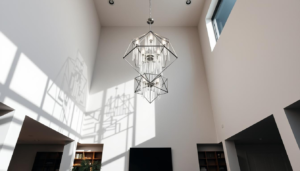 Modern corner chandelier in a high-ceiling living room with dramatic lighting effect