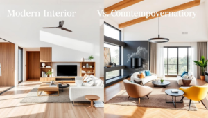 Modern vs contemporary interior design living room comparison showing clean lines of modern design next to the fluid forms of contemporary style