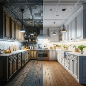 Professional photography of a kitchen remodel before and after comparison, showing transformation from outdated to modern kitchen with white cabinets and new countertops, all completed for under $10,000, bright lighting, wide angle view