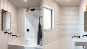 Side-by-side comparison of vertically laid rectangular tiles and horizontal layout in a bathroom